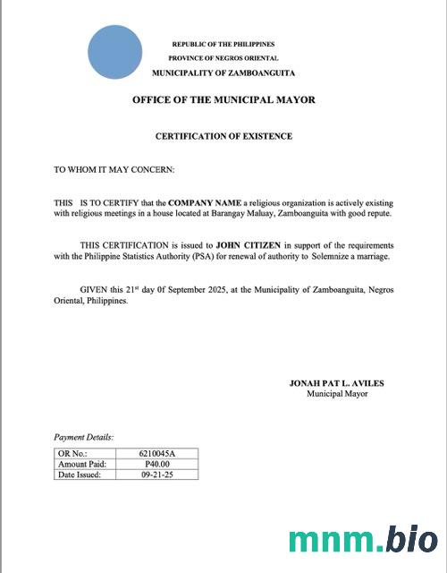 Philippines vcertyfikat of existence Word i szablon PDF, version 2